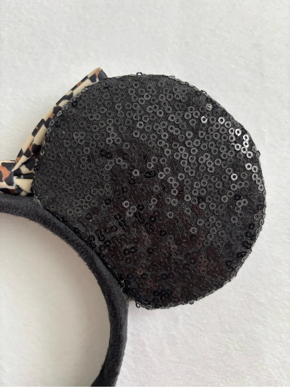 Minnie Mouse Black Sequin Ear Leopard Print Bow Headband